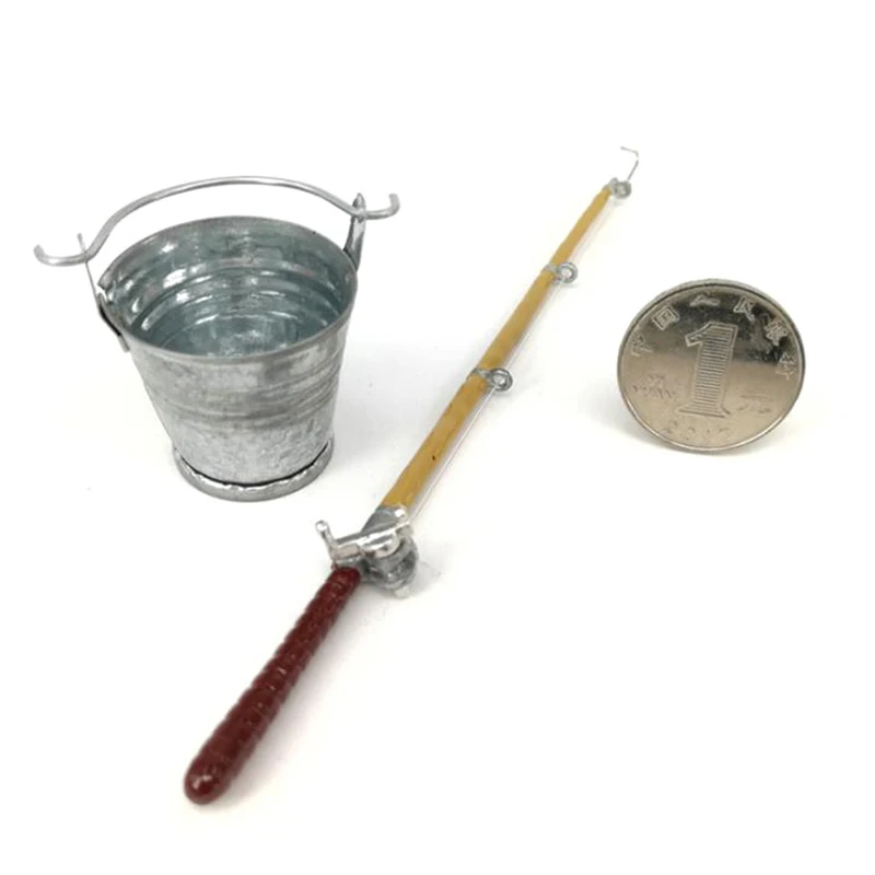 Xm2Pcs/set Mini Fishing Rod and Water Bucket 1:12 Dollhouse Miniature Metal Fishing Rod Model + Water Bucket