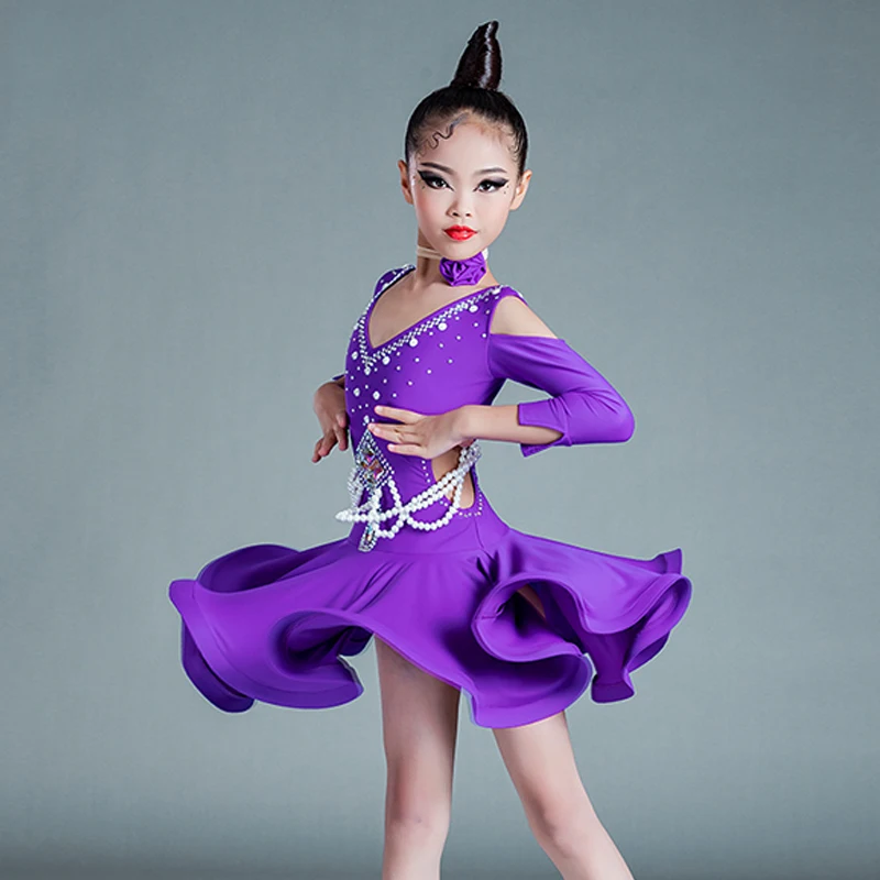 Latin Dance Dress Girls Rhinestone Competition Dance Costume Pearl Chain Cha Cha Samba Performance Clothing Black Dress BL6909