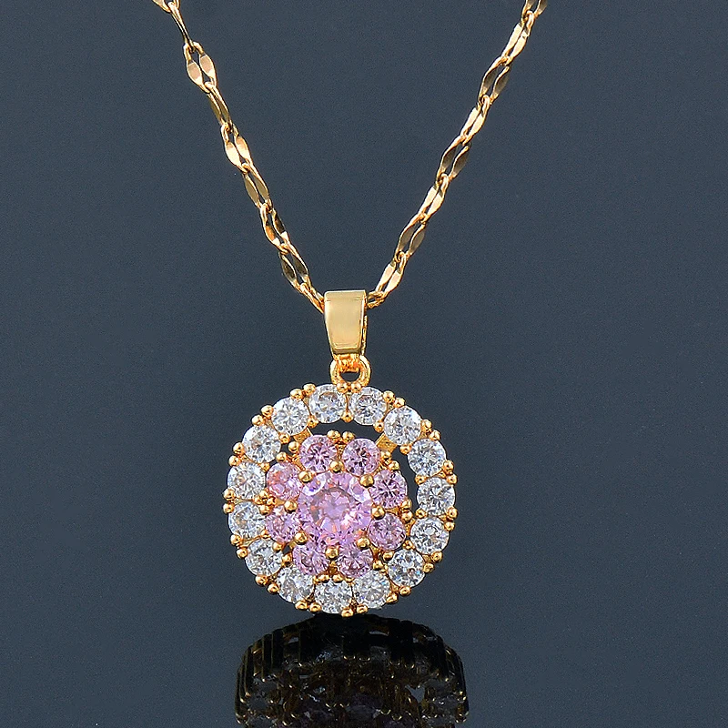 KIOOZOL stainless steel spinner flower pendant necklaces with pink purple cubic zircon stones chain on fashion jewelry 318 KO1