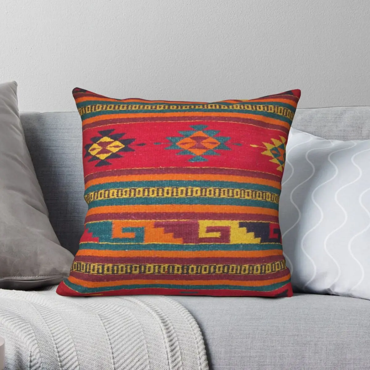 Colorful Red Aztec Square Pillowcase Polyester Linen Velvet Pattern Zip Decor Sofa Seater Cushion Case