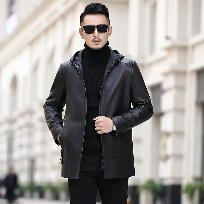 Men's Genuine Leather Jacket, Spring Autumn Hoodie, Top Layer Sheepskin Leather Coat, Casual Thin Coat, Medium Length Outerwear