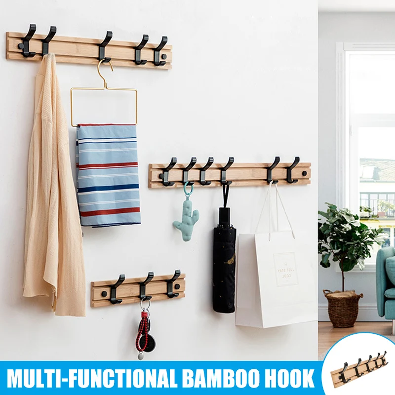 

Bamboo Coat Rack Wall-mounted Hooks Simple Hanger Bedroom Wall Rack with Moveable Hooks Hat Hanger