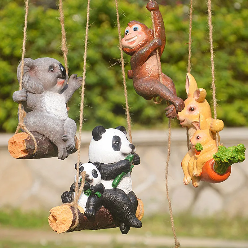 Garden Swinging Koala Rabbit Monkey Panda Resin Ornaments Outdoor Kindergarten Figurines Decoration Park Tree Furnishing Crafts