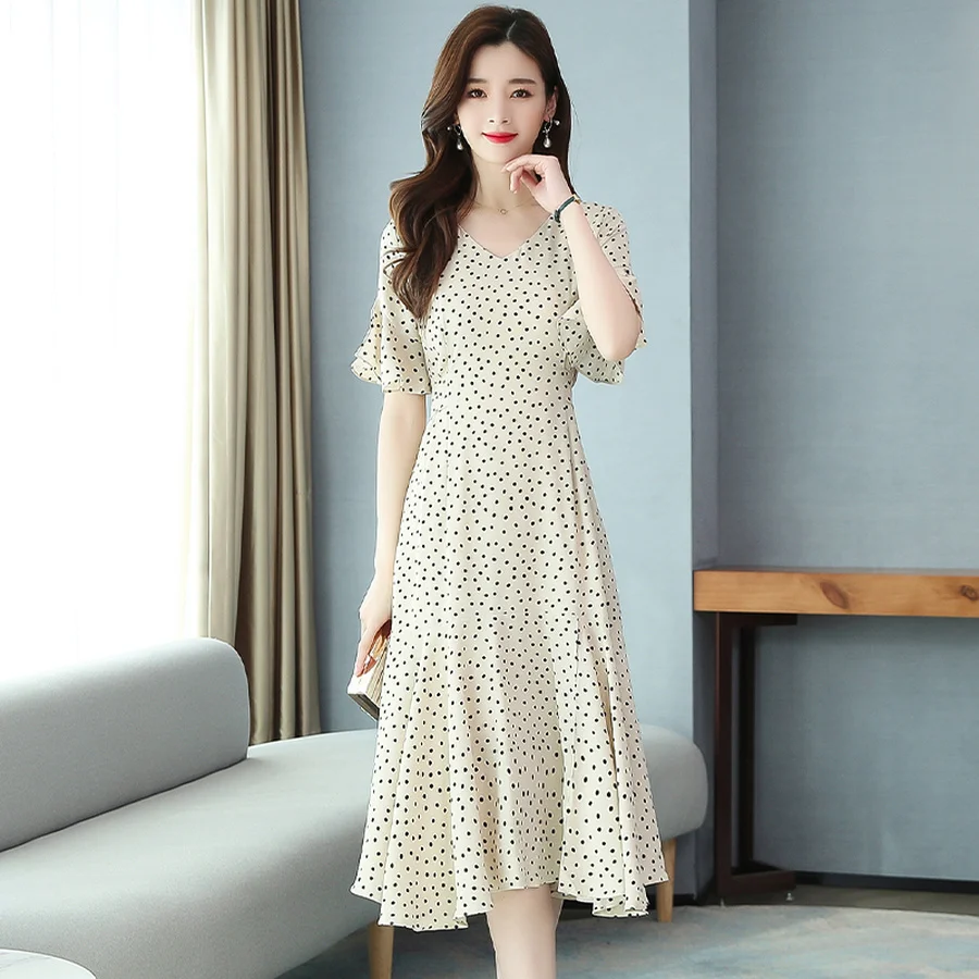 2022 Vintage VOAN Midi Sundress Xuân Hè Mới Chấm Bi In Hình Đường Băng Gợi Cảm Chia Đầm Nữ Ôm Body Dự Tiệc Maxi Vestidos