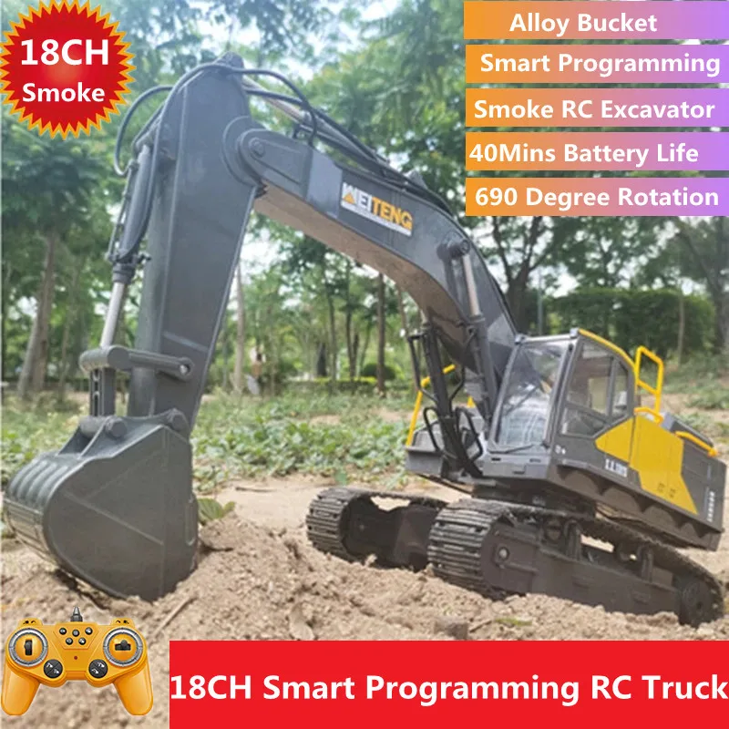 18CH Smart Programming RC Excavator 40Mins 690Degree Rotation Alloy Bucket Large Small Arms Control Lifting Remote Control Truck