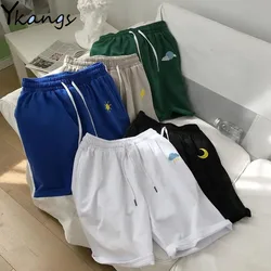 Pantalones cortos deportivos para mujer, Shorts femeninos de cintura alta, estilo coreano, bordado, liso, con cordón ajustable