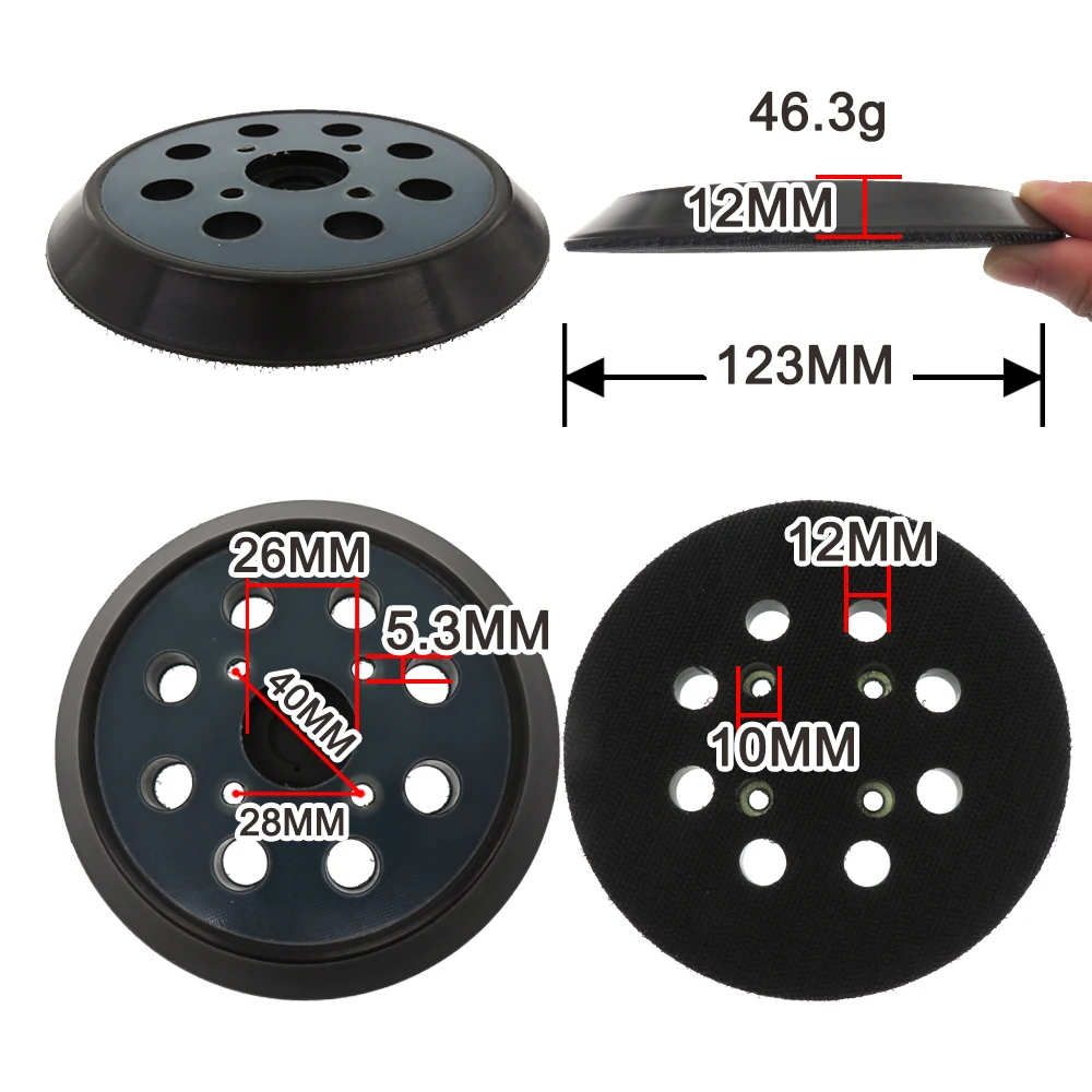 Tamponi abrasivi di ricambio a 8 fori da 5 pollici piastre di supporto orbitali universali da 5 "con levigatrice a strappo per Ryobi 030157001018