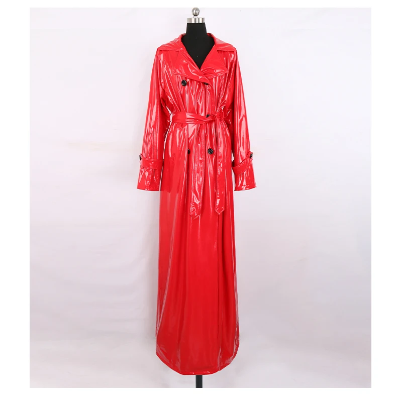 Nerazzurri Autumn Extra Long Soft Red Reflective Shiny Patent Leather Trench Coat for Women Double Breasted Maxi Korean Fashion