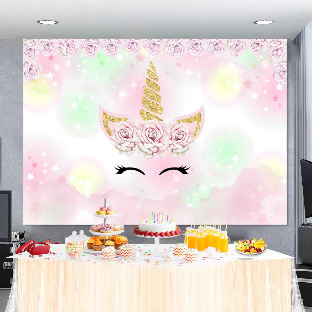 

Laeacco Gold Unicorn Backdrop Birthday Party Star Polka Dots Flower Baby Poster Portrait Photo Background Photography Photocall