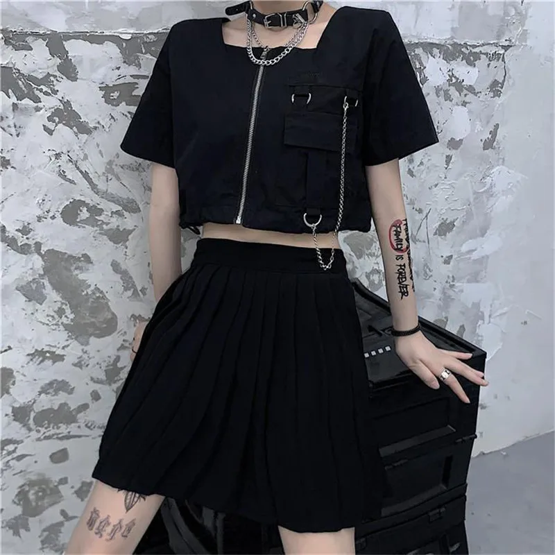 Chain Women Gothic Harajuku Streetwear Cargo Tops Punk Hip Hop Zipper O-Neck Solid Short Sleeve Vintage Female Pockets Shirt NEW