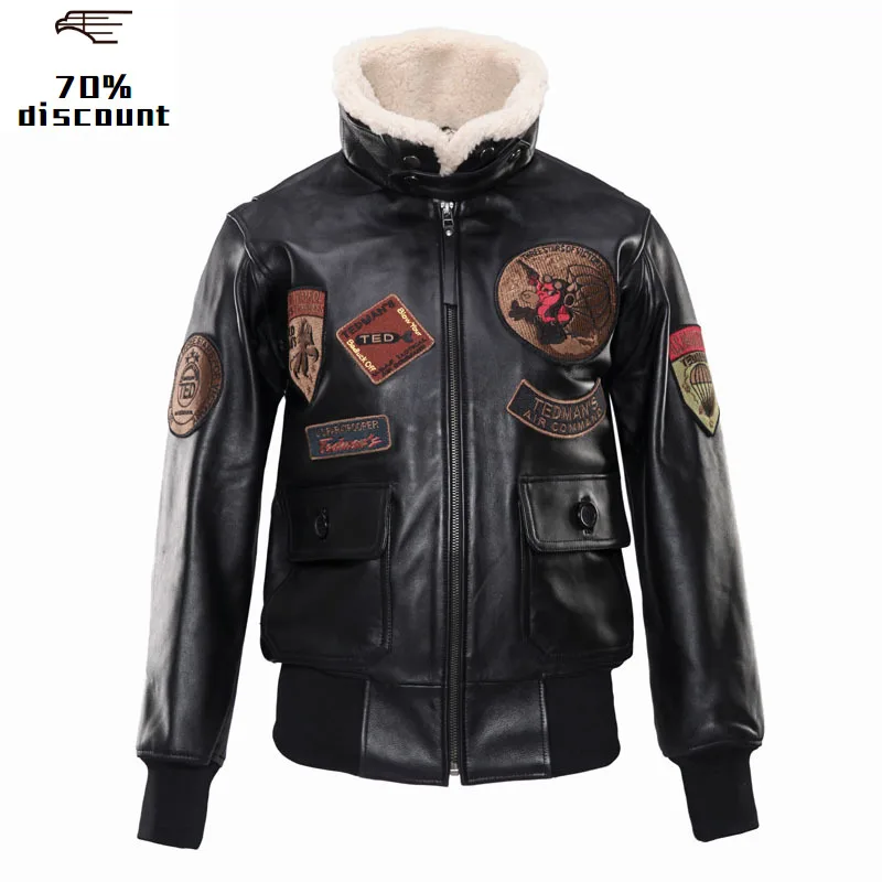 2020 Women Black Pilot Leather Jacket Wool Collar Plus Size XXXL Genuine Sheepskin Winter Warm Female Aviator Coat FREE SHIPPING