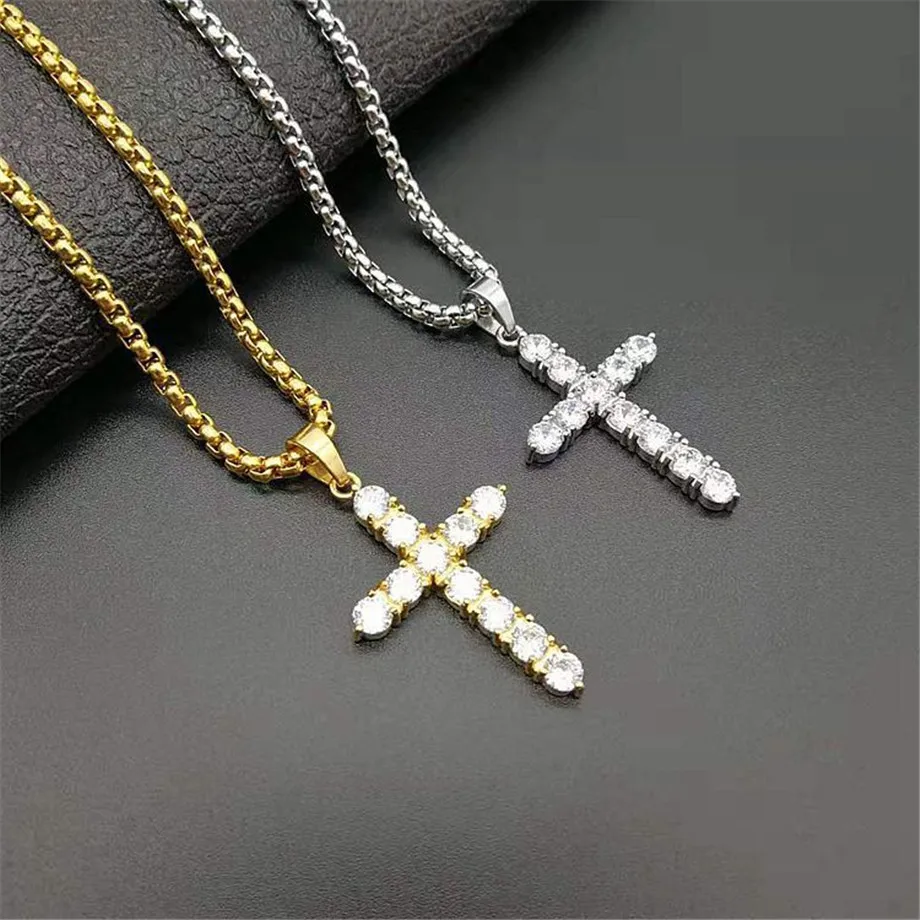 

Iced Out Zircon Small Cross Necklace Chain Women's Hip Hop Jewelry Stainless Steel CZ Bling Cross Religious Pendant Necklace