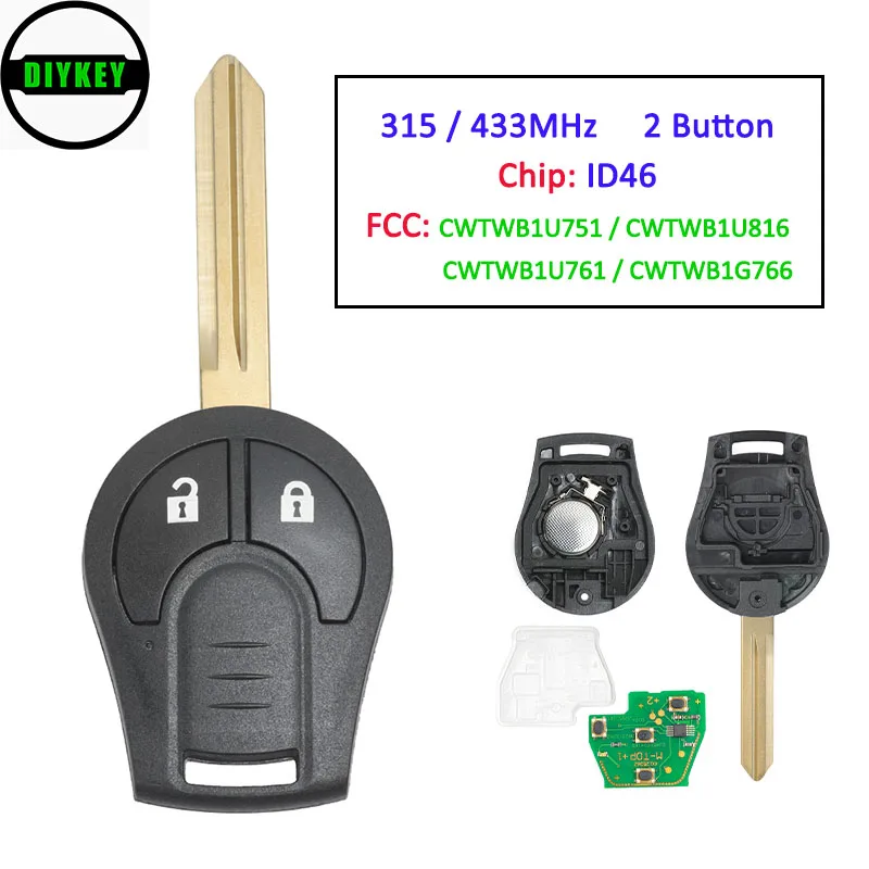 DIYKEY 2-przyciskowy 315/433MHz ID46 Chip zdalny pilot samochodowy do Nissan Quest Altima 350Z Maxima 2002-2006 FCC ID: CWTWB1U751(761)