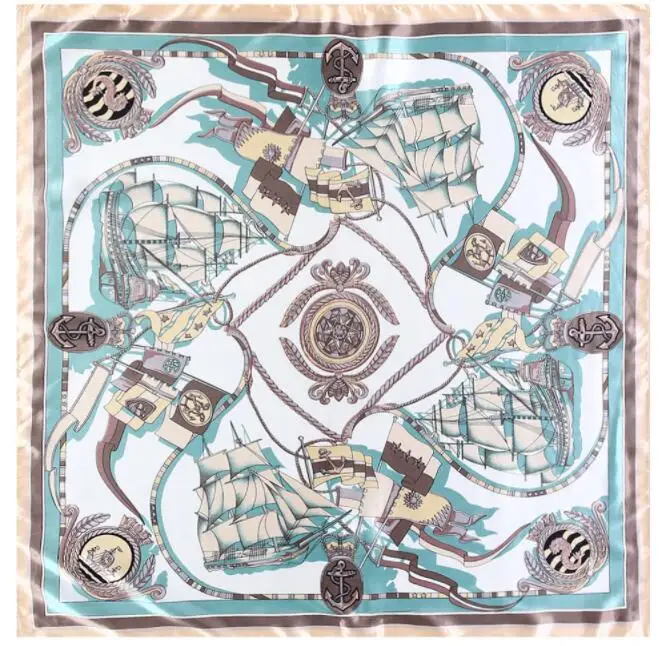 90*90cm Luxury Brand Women Silk Scarf Hand Drawing Sailing Boat Design Square Scarves Spring Summer Shawls For Ladies