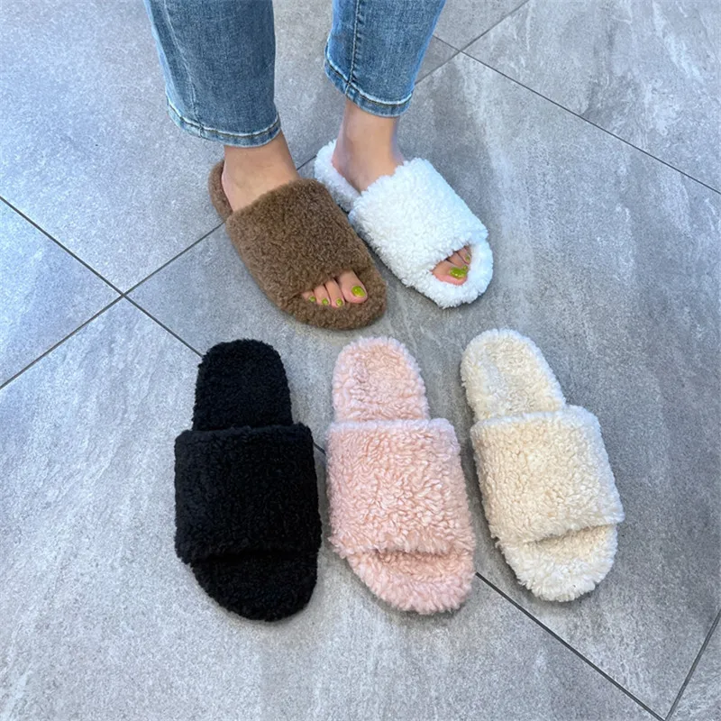 Flat-bottomed Slippers Women 2021 Autumn New Wool Thick-soled Sandals Open-toed Sandals And Slippers Home Women