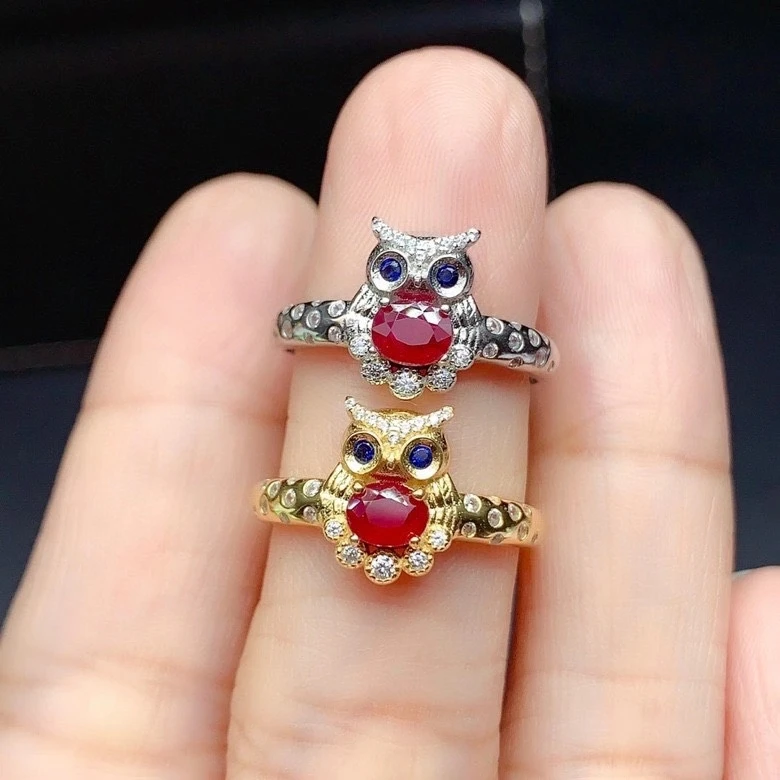 

Fashion owl style ruby gemstone ring for women fine jewelry certified natural gem real 925 sterling silver birthday 2021 gift
