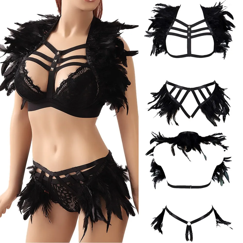 

Natural Feathers Accessories Harness For Women Belt Sexy Lingerie Set Erotic Exotic Costumes Hollow Bra Festival Rave Wear