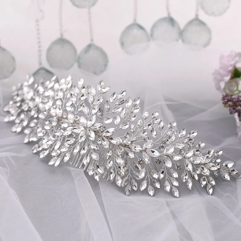 Shine Rhinestone มงกุฎแต่งงานเจ้าสาวผมหวีอุปกรณ์เสริม Silver สี Handmade ผู้หญิงเครื่องประดับเครื่องประดับ