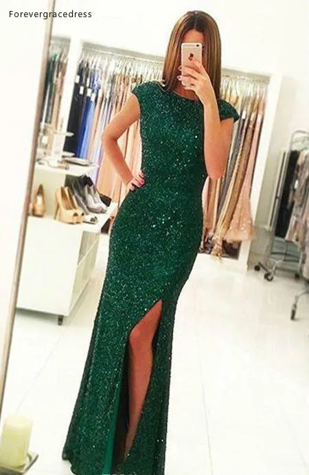 2019 mantel Lange Prom Kleid Dunkelgrün Pailletten Split Formale Ferien Tragen Graduation Abend Party Kleid Nach Maß Plus Größe