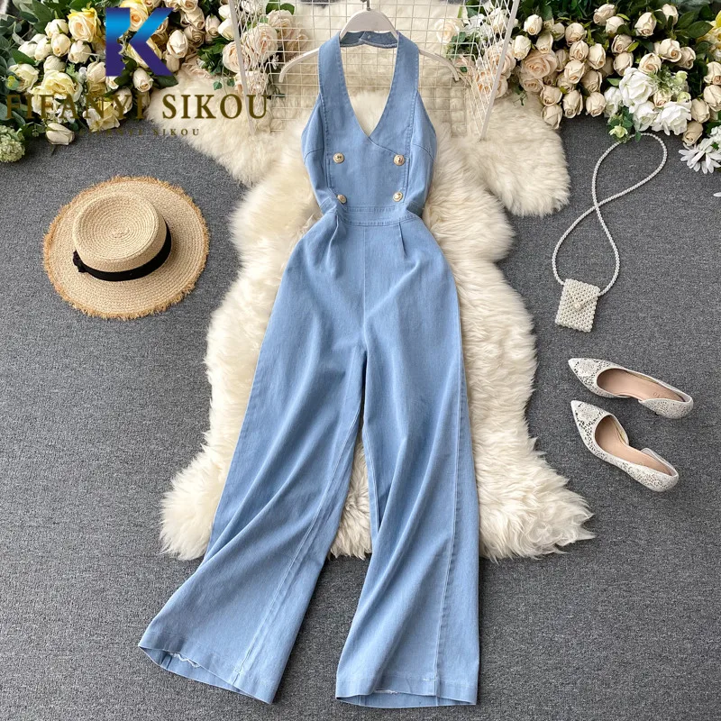 

Summer Women Denim Overalls Sexy Backless Jumpsuits Fashion Sleeveless High Waist Wide Leg Pants Female Loose Denim Jumpsuit