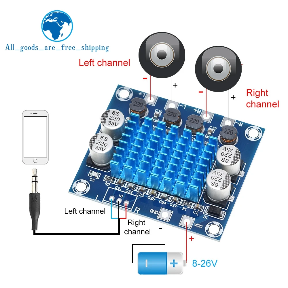 TPA3110 XH-A232 30W+30W 2.0 Channel Digital Stereo Audio Power Amplifier Board DC 8-26V 3A