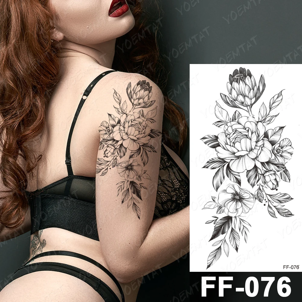 Waterproof Temporary Tattoo Stickers Peony Chrysanthemum Flash Tattoos Female Minimalist Line Body Art Arm Thigh Fake Tatto Male