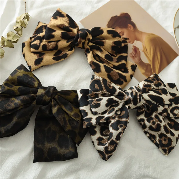 New fashion Boutique Cloth Leopard three layers big bow hairpin Spring clip Barrettes Women girls hair accessoriesr Headwear