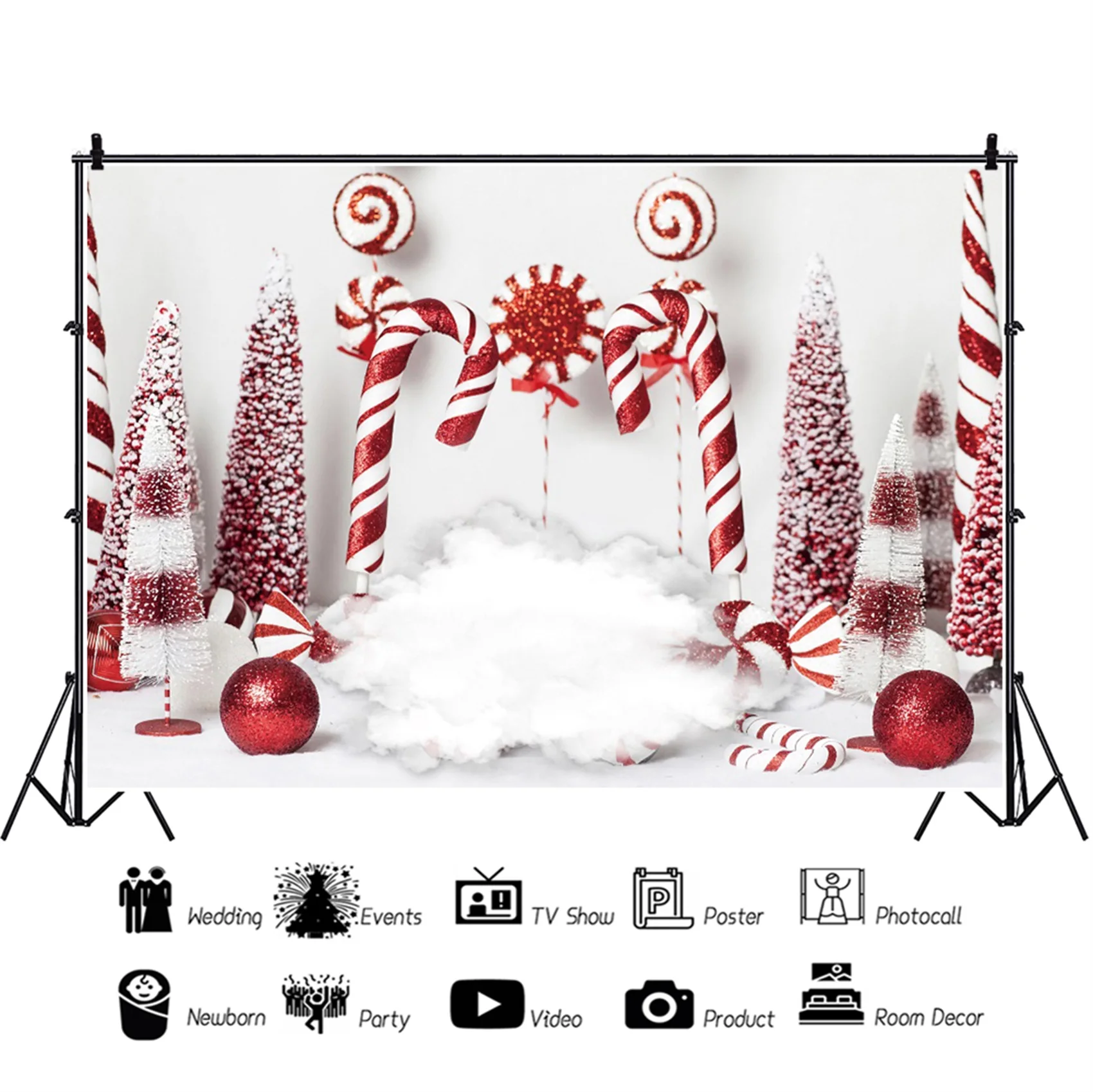 화이트 겨울 눈 메리 크리스마스 축제 트리 캔디 롤리포스 볼 파티, 신생아 포토콜 사진 배경 사진 배경
