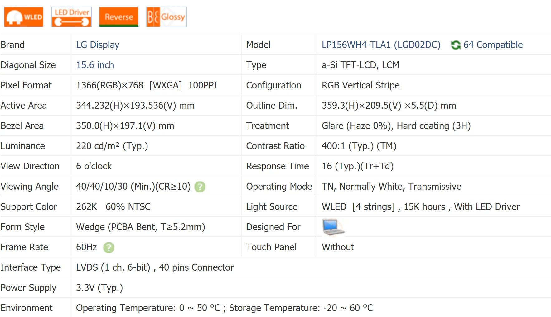 LP156WH4 LP156WH4-TLA1 (TL)(A1) หน้าจอแสดงผลแล็ปท็อป15.6นิ้วใหม่และดั้งเดิมทดสอบก่อนจัดส่ง
