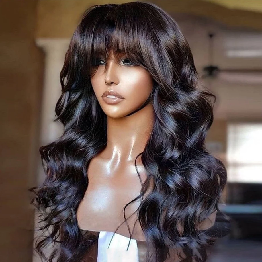 Cheap Human Hair Wigs 30 Inch Body Wave Wig With Bangs  No Lace Full Machine Made Wig For Women Brazilian Natural Hair