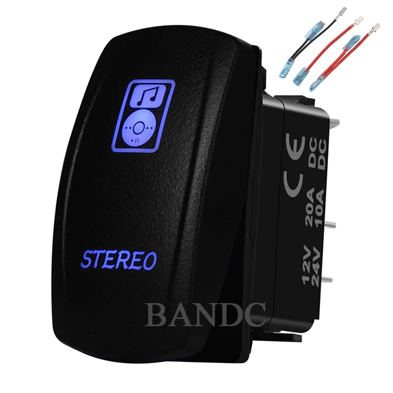 STEREO Symbol Laser-Etched On-Off SPST Blue Led Light Rocker Switch for Car Boat Caravan RV Bus Truck，Auto Interior Parts