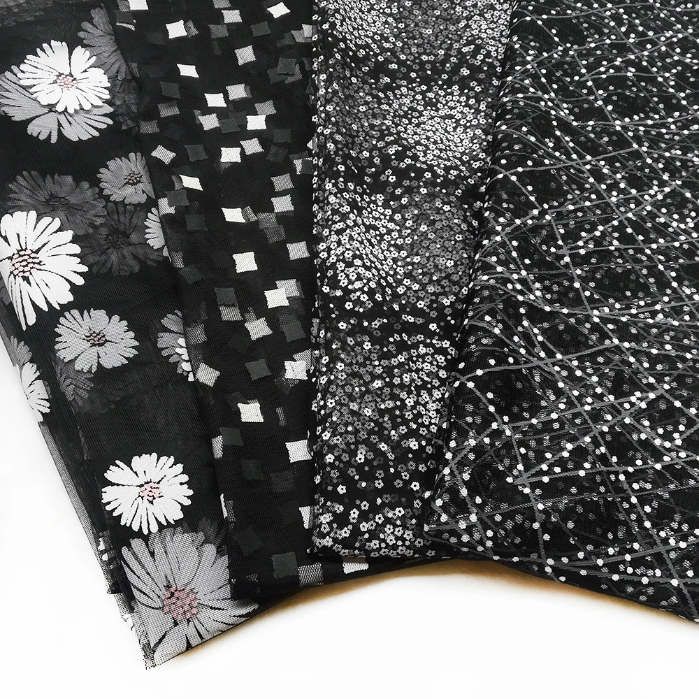 Black Designer Printed Tulle Mesh Fabric for Apparel, Gauze Cloth, DIY Sewing, Home Decor, Transparent Net Fabric, Puffy Skirt