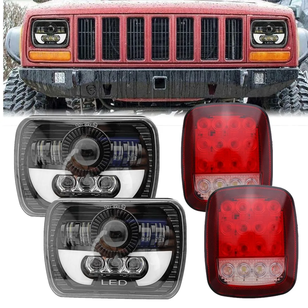 For Jeep Wrangler YJ Cherokee XJ Rectangle 7X6 5x7 Headlight With 2pc Universal LED Backup Reverse Brake Tail Lights