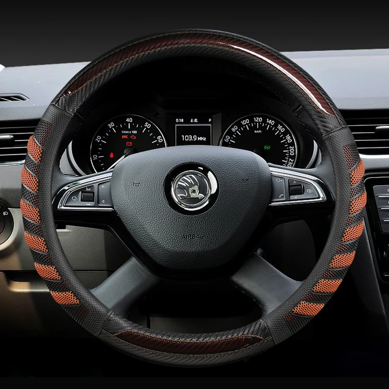 Carbon Fiber Leather Car Steering Wheel Cover for Skoda Octavia A5 A7 Rapid Spaceback Fabia Kodiaq Superb YETI Karoq Kamiq