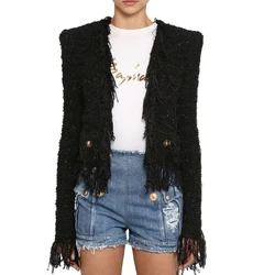 S-XL High Quality 2021 New Fashion Bright Silk Woolen Tassel Lace Pocket Metal Button Women'S Jacket Coat Black