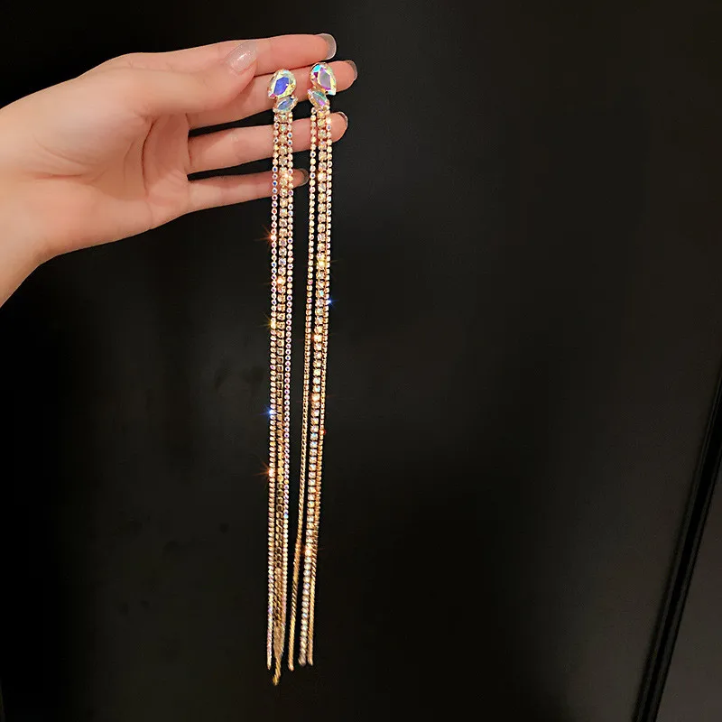 FYUAN Geometric Colorful Rhinestone Earrings for Women Oversize Long Tassel Crystal Dangle Earrings Statement Jewelry image 2
