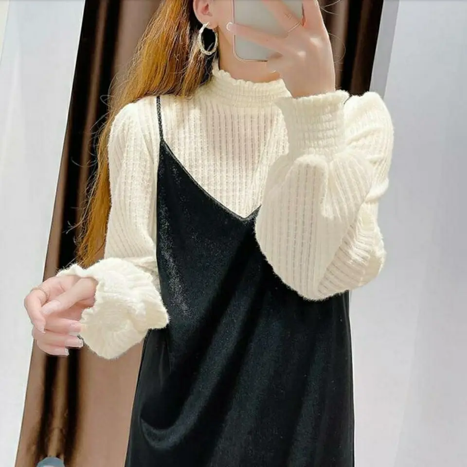 Blouse Women Half High Collar Pure Color Tender Autumn Soft Elegant Ulzzang Fashion Female All-match Tops Daily Simple Casual