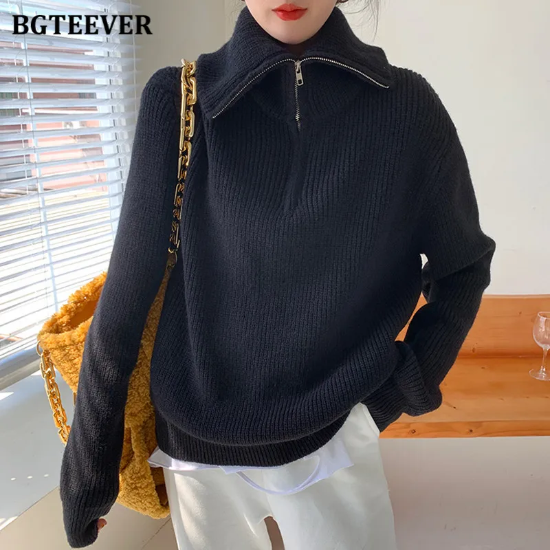 BGTEEVER Fashion Thick Turtleneck Zipper Pullover Sweaters Women Loose Long Sleeve Female Solid Knitting Jumpers Autumn Winter