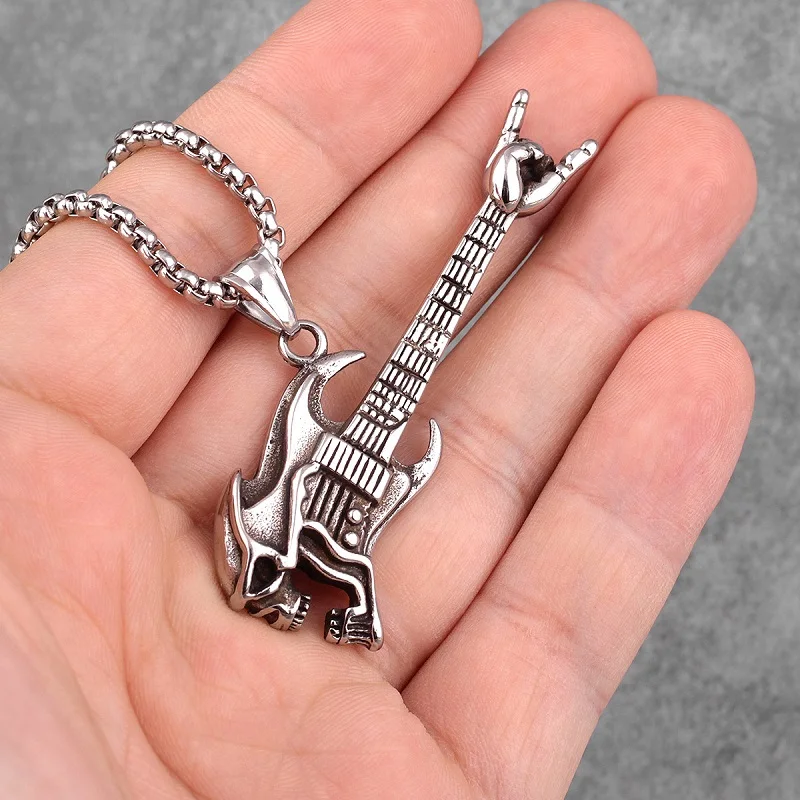 50Pcs/Lot Rock Guitar Long Men Necklaces Pendants Chain Punk For Boyfriend Male Stainless Steel Jewelry Creativity