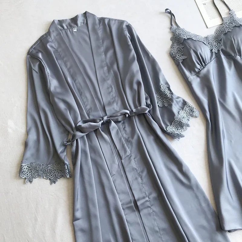 Gray Nightgown Set Women Lace Nightwear V-Neck Pajamas Suit Homewear Spring Sleepwear Robe Gown Sleep Wear Pijama Negligee