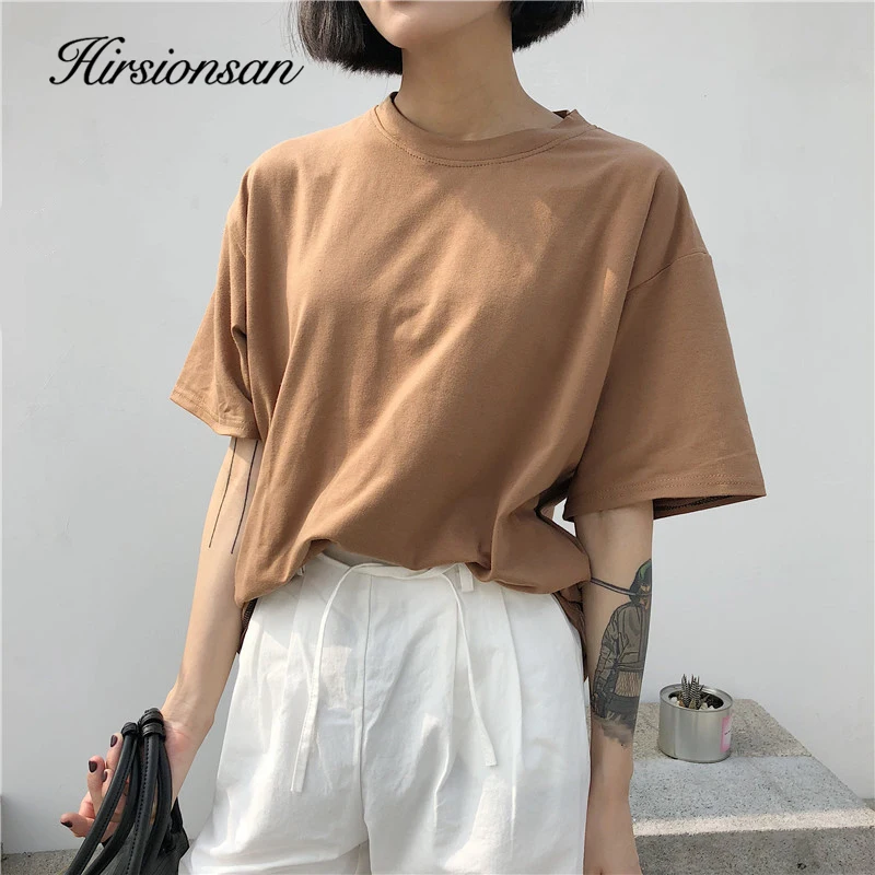 Hirsionsan 10 Colors T Shirt Women 2023 New Korean Short Sleeve Solid Tshirts Oversized 100% Cotton Tops Basic Chic Ladies Tees