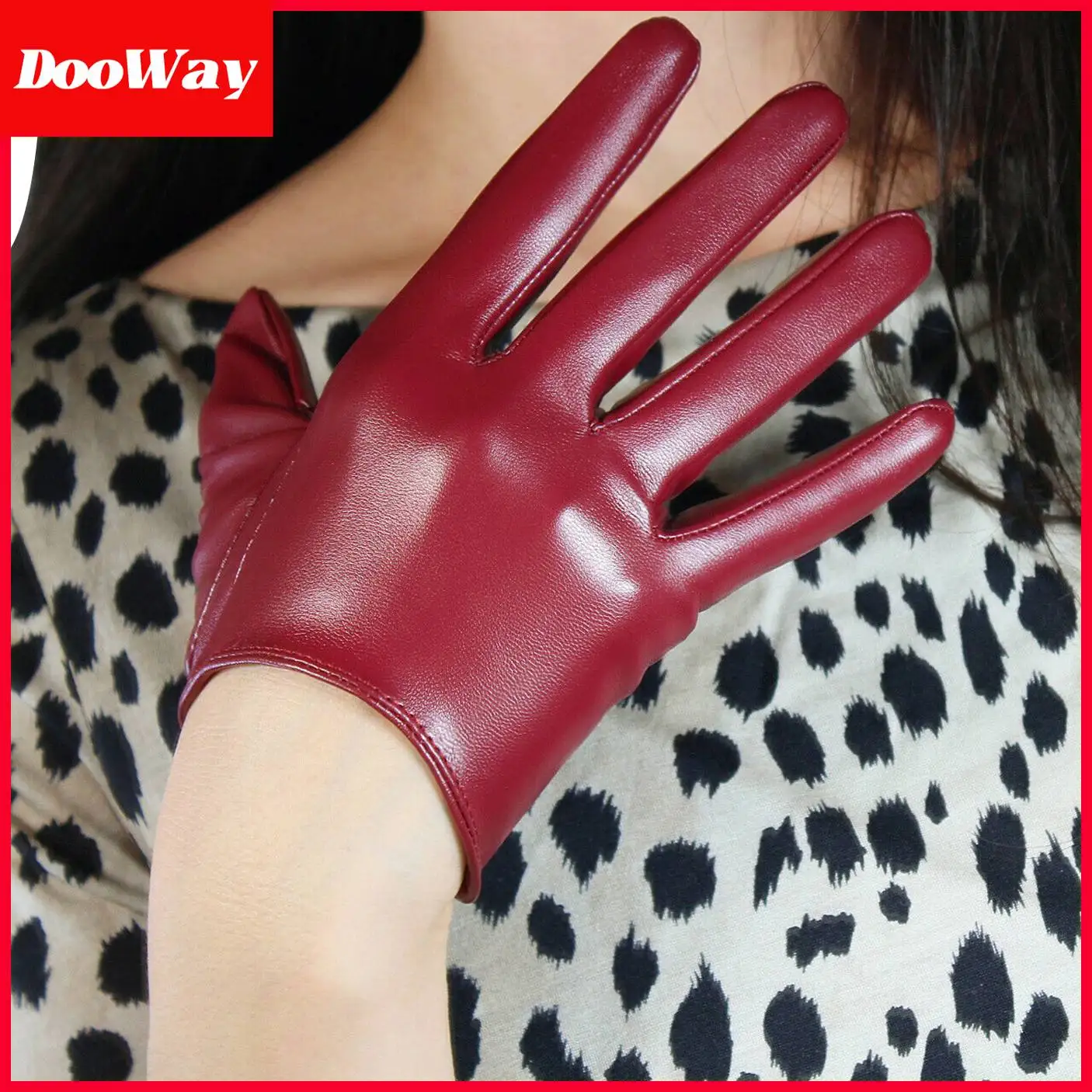 DooWay Women\'s Extra Short Leather Gloves Faux Lambskin Sheepskin 16cm Burgundy Cosplay Party Costume Accessories Finger Gloves