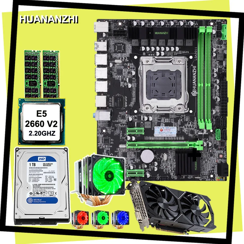

Материнская плата HUANANZHI M-ATX, X79, процессор E5 2660 V2 с 6 тепловыми трубками, кулер ОЗУ 16 Гб (2 х8 ГБ) DDR3 RECC 1 ТБ SATA HDD GPU GTX1050Ti 4G