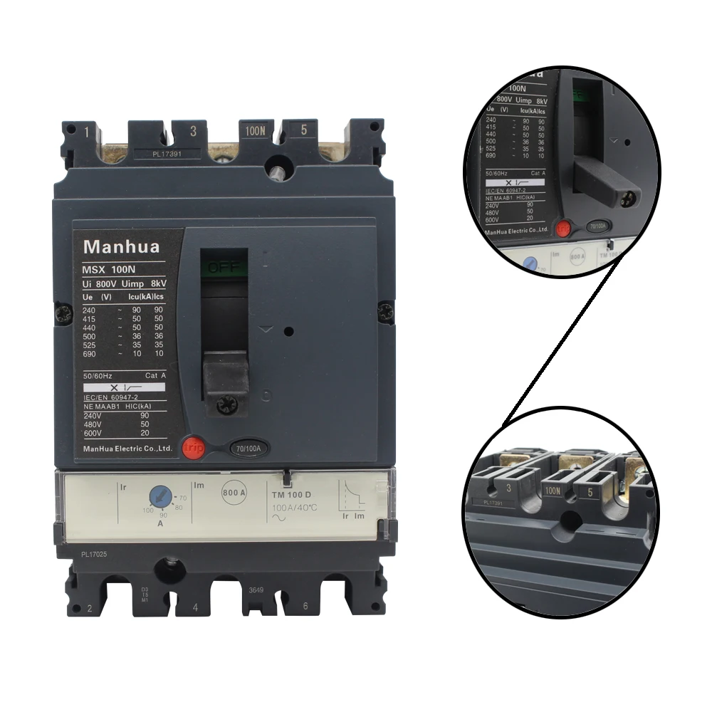 ManHua MCCB Breaking Capacity Adjustable 100A MSX-100N 3P3T Moulded Case Thermal Magnetic Circuit Breaker