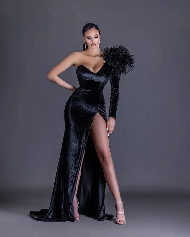 Schwarz Samt Meerjungfrau Abendkleider Lange Hülse der Schulter Sexy Seite Split vestidos de noche Formale Prom robe de soirée femme