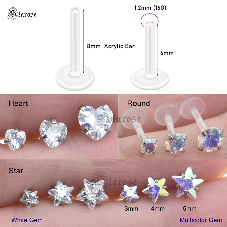 Starose 1pc 16G Round Heart Star Nose Piercing Labret Piercing Nariz Acrylic Nose Ring Ear Piercing Oreja Helix Tragus Earrings