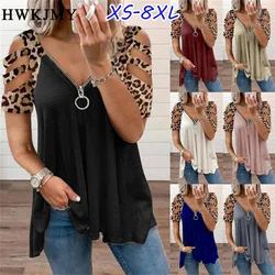 Camiseta de leopardo feminina sem ombro, blusa de manga curta, zíper com gola V, camisas soltas femininas, roupas casuais, verão