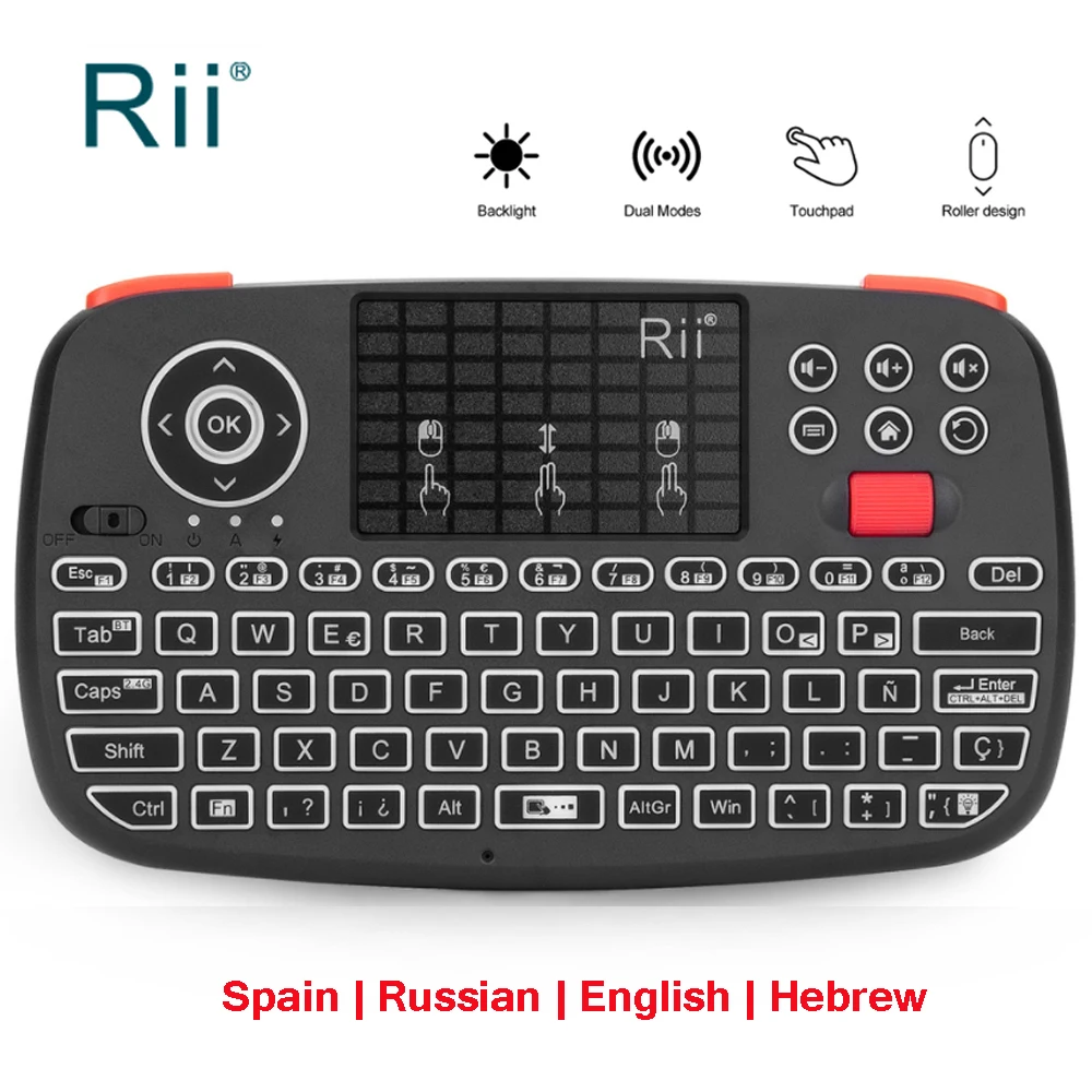 Mini teclado sem fio BT com mouse de ar retroiluminado para Windows, Rii i4, 2.4G, russo, inglês, Espanha, Android