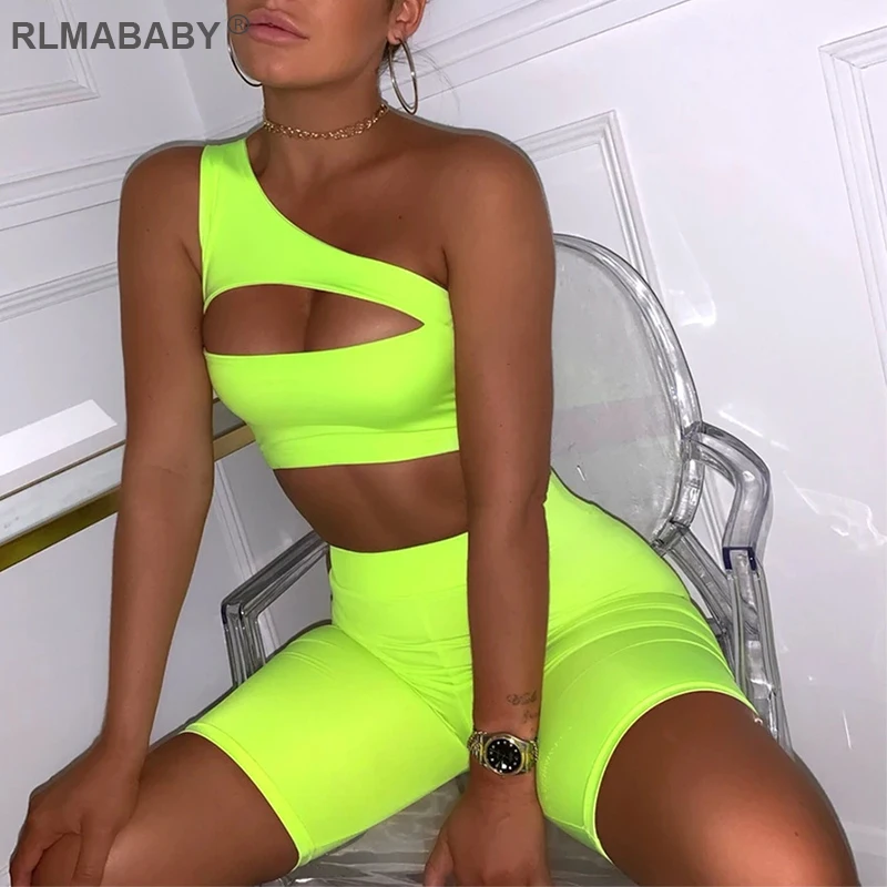 RLMABABY Summer Casual Sport Skinny 2 Piece Set Women Chest Hollow Out Cropped Top And High Waist Shorts Sexy Outfits Tracksuit