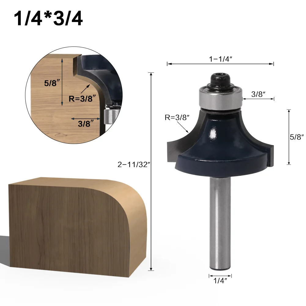 Fresa de haste 1/4 "1/4mm, escultura em madeira, canto redondo, broca de roteador com rolamento para trabalho em madeira, carboneto de tungstênio, 1 peça